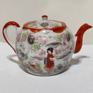 Vintage Japanese Porcelain Teapot Hand Painted Geishas 4.5" Tall